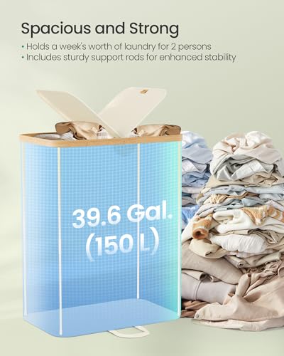 SONGMICS Laundry Hamper with Lids, Laundry Basket with 2 Compartments, 39 Gal. (150 L), Removable Liner Bag, for Laundry Room, Bedroom, Living Room, Cream White and Light Bamboo ULCB523W01 - color: Cream White, size: 150L (2-Section with Double Lid)