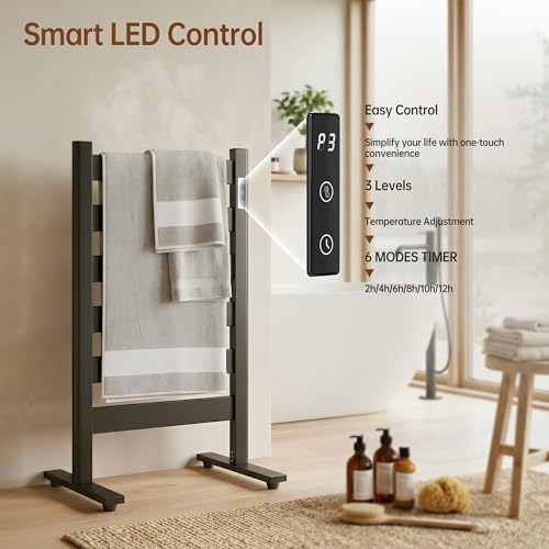 6-Bar Freestanding Heated Towel Warmer with PTC Fast Heating | 170°F Adjustable Temperature, 2-12H Timer & Memory Function, Freestanding Design, Wide Bar Rack for Towels, Matte Black - color: Black