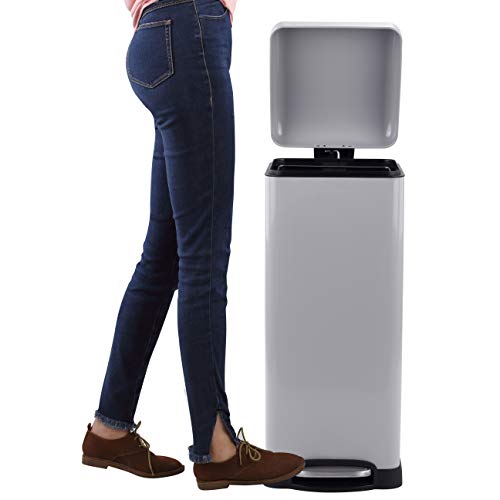 happimess Betty 8 Gal Step Trash Can Soft-Close Lid, Gloss Gray | Fingerprint Resistant, Removable Liner, Semi-Rectangular, Steel Pedal, Iron Powder Coated, 27" Height, Non-Skid Base - color: Gray
