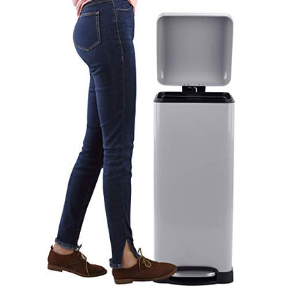 happimess Betty 8 Gal Step Trash Can Soft-Close Lid, Gloss Gray | Fingerprint Resistant, Removable Liner, Semi-Rectangular, Steel Pedal, Iron Powder Coated, 27" Height, Non-Skid Base - color: Gray
