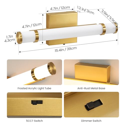 Gold Bathroom Vanity Light - 15.4 Inch LED Modern Bathroom Light Fixtures Over Mirror with Acrylic Shade 10W Dimmable 5CCT Bathroom Sconces Wall Lighting (Built-in Dimmer) - color: Gold, size: 15.4 Inch