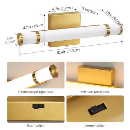 Gold Bathroom Vanity Light - 15.4 Inch LED Modern Bathroom Light Fixtures Over Mirror with Acrylic Shade 10W Dimmable 5CCT Bathroom Sconces Wall Lighting (Built-in Dimmer) - color: Gold, size: 15.4 Inch