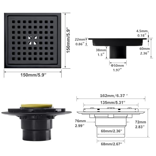 RANDOM Square Shower Drain 6 Inch Matte Black Stainless Steel Shower Floor Drain Kit with Adjustable PVC Base Flange, Removable Grid Grate, Hair Strainer - color: C-matte Black-6″ Square With Base Flange