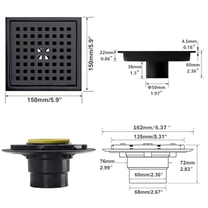 RANDOM Square Shower Drain 6 Inch Matte Black Stainless Steel Shower Floor Drain Kit with Adjustable PVC Base Flange, Removable Grid Grate, Hair Strainer - color: C-matte Black-6″ Square With Base Flange
