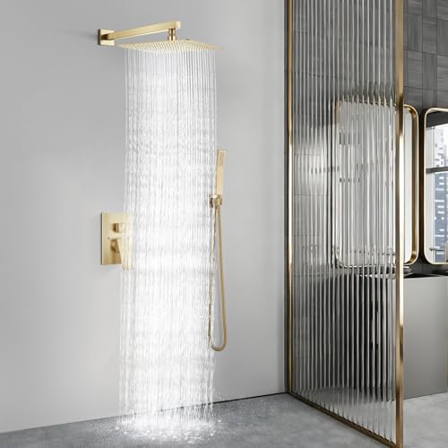 Aolemi Shower Faucet Set with Handheld Brushed Gold 16 Inch Head | Pressure Balance Shower Valve and Trim Kit,SUS304 Rain Head and Handle System,All Metal,Wall Mount,Bathroom,Handheld Spray - color: Gold, size: 16 Inch Wall Mount Shower Head