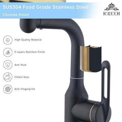 Single Hole Rotatable Bathroom Sink Faucet Black and Gold - 4 Water Modes Multifunctional Faucet with 360° Swivel, Extended Spout & Fountain Mode - color: Black and Gold