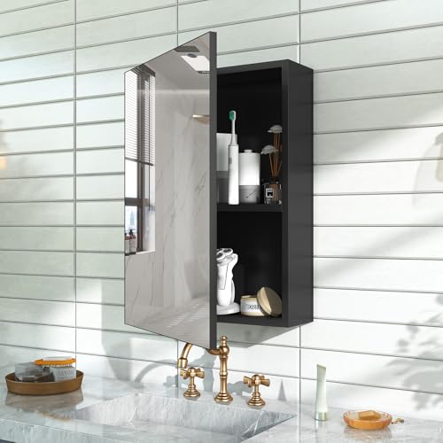20 x 26 Black Medicine Cabinet, Aluminum Mirror Medicine Cabinet for Bathroom, Pre-Assembled Recessed/Surface-Mounted Medicine Cabinet, Tempered Frameless Mirror - color: Black, size: 20 x 26