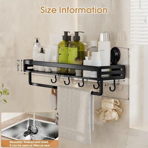 Suction Cup Shower Caddy With 5 Hooks & Towel Rrack 11.8inch Black | No Drilling Shower Organizer with Large Capacity, Rust-resistant Bathroom Organizer, Heavy Duty Shower shelves for Bathroom - size: 11.8 inches(US)