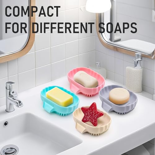Silicone Soap Dish with Drain 2 Pcs, Anti-Slip Bathroom Bar Soap Holder Dishes Self Draining Waterfall Saver Plate for Shower Sink - Unique Bottom Brush Easy Dry & Clean (Pink + Lavender Grey)