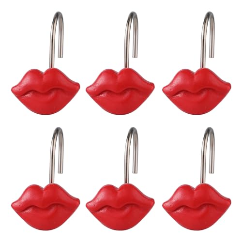 Twofish Home Vermilion Lips Shower Curtain Hooks Vermilion Lips Anti Rust Shower Curtain Hooks Decorative Resin Vermilion Lips Shower Curtain Rings Set of 12 - color: Red