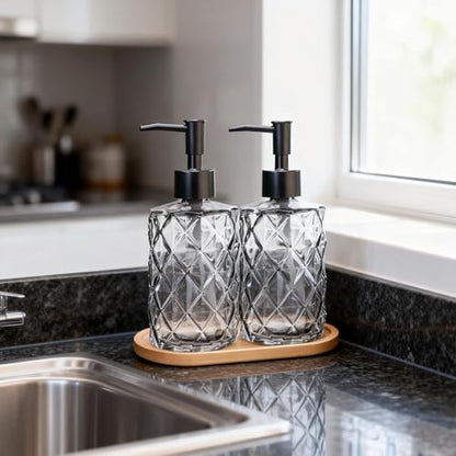 12oz Clear Glass Hand and Dish Soap Dispenser Set, Diamond Design, Set of 2 | Bathroom Soap Dispenser with Plastic Pumps, Bamboo Tray for Hand Wash & Dish Wash, for Bathroom Kitchen Countertop - color: Clear