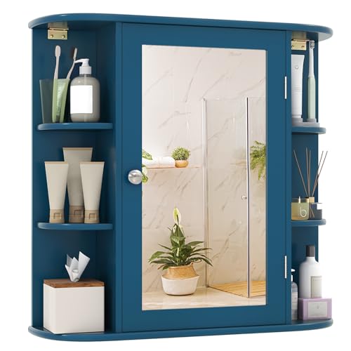 Tangkula Bathroom Medicine Cabinet with Mirror, Wall Mounted Home Storage with Door & 6 Open Shelves, Adjustable Shelves, Mirrored Bathroom Wall Cabinet (Blue) - color: Blue