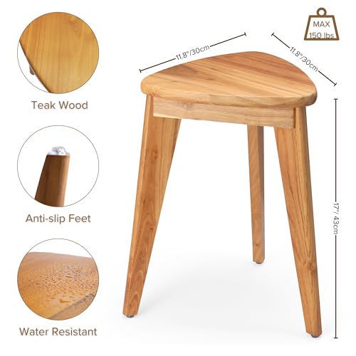 Teak Shower Stool, 17'' Shower Foot Rest for Shaving Legs, Waterproof Teak Shower Seat, Corner Shower Bench, Wooden Step Bench, Organizer Stool, Plant Stand for Living Room Bathroom - size: 17"H