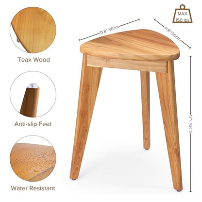 Teak Shower Stool, 17'' Shower Foot Rest for Shaving Legs, Waterproof Teak Shower Seat, Corner Shower Bench, Wooden Step Bench, Organizer Stool, Plant Stand for Living Room Bathroom - size: 17"H