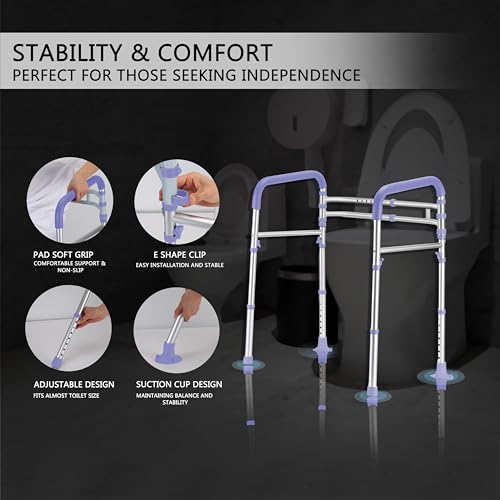 Lianjindun Toilet Safety Rails, 350 lbs, Adjustable Height & Width | Fits Most Toilets, Foldable Design, 350 Lbs Capacity, Aluminum Toilet Frame, Toilet Handles for Seniors, Disabled, Handicap - color: Purple