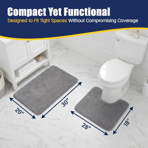 Muddy Mat® CloudStep Bathroom Rugs 2 Piece Set, Non Slip Bath Mats for Bathroom, Absorbent Memory Foam Chenille, Machine Washable Quick Dry Toilet Rug Set, Grey 20"x30" + 20"x20" U-Shaped - color: Grey