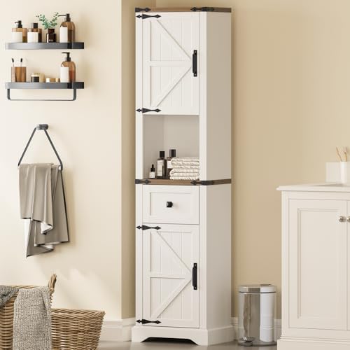 66" Tall Farmhouse Bathroom Storage Cabinet with Barn Doors,Unique White | Narrow Storage Unit with Drawer, Adjustable Shelves & 5-Tier Space, Freestanding Cabinet for Bathroom, Entryway, Kitchen - color: Unique White