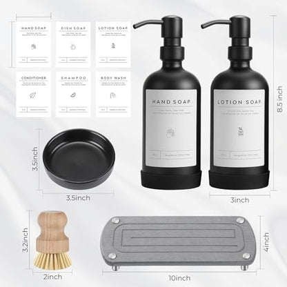 [Luxury] Kitchen Soap Dispenser Set - 16OZ Black Glass Bottle, Stainless Steel Pump, Instant Dry Tray, Waterproof Labels, Non-Slip Silicone Pad, and Dish Brush | Upgrade for Your Kitchen and Bathroom - color: Black Bottle + Black Pump