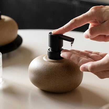 10oz Ceramic Hand Soap Dispenser, Elegant Liquid Soap Dispenser for Bathroom Countertop, Heavy & Sturdy Dish Soap Dispenser for Kitchen (Brown Set of 2 & Ceramic Tray) - color: Brown Set of 2 & Ceramic Tray