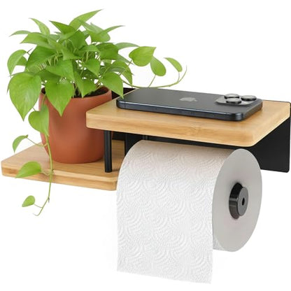 Toilet Paper Holder with Shelf, Wall Mount Toilet Paper Roll Holder with Wooden Shelf & Matte Black Stainless Steel Pipe, Bathroom Organizer for Roll Tissue, Phone, Wipes, Plant for Bathroom, Washroom