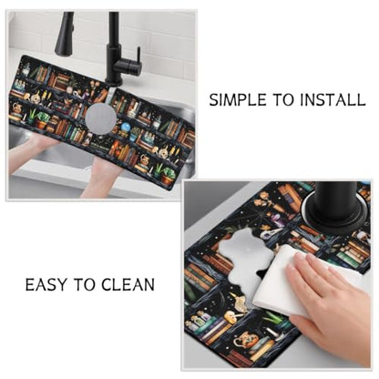 Halloween Kitchen Sink Splash Guard Faucet Mat,Black Witches Bookshelf Skulls Halloween Faucet Non-slip Absorbent Mat,Farmhouse Sink Splash Guard Behind Faucet for Kitchen Bathroom,15"x5.5" - color: Drying Faucet Mat 16