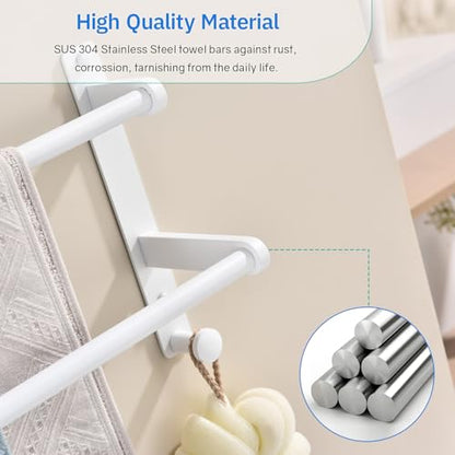 White Double Towel Rack with Hooks, 24 Inch Stainless Steel Towel Rails, Wall Mounted Bathroom Towel Holder - color: White, size: 24-Inch