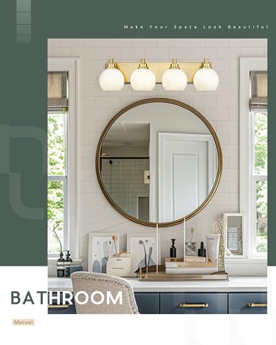 4-Light Brushed Gold Bathroom Vanity Light, Milk White Glass Globes | 26" modern bathroom light fixtures over mirror, E26 base, bulbs not included, VL195-BG-ML-4 - color: Brushed Gold, Milk Glass, size: 4-light