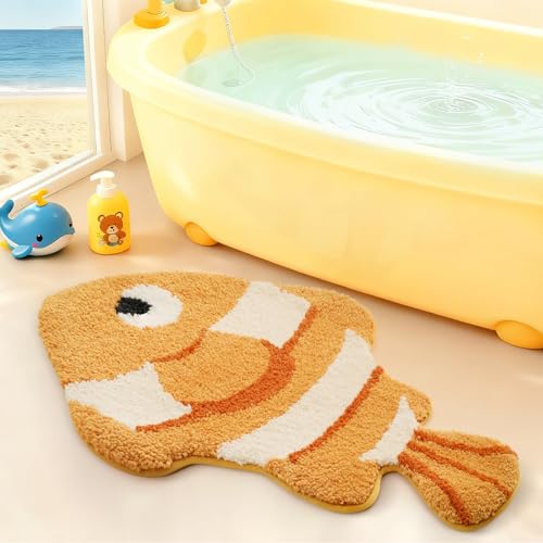 LUMI Cute Animal Bathroom Rugs, Soft Absorbent Non Slip Bath Mats, 24"x41" | Clownfish Design, Quick Dry Microfiber, Machine Washable, Ideal Floor Mat for Shower Sink Bathtub Kid’s Room Decor - color: Clownfish-large