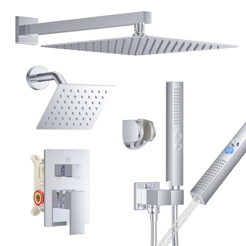 Rain Shower System 12" & 6" Dual Shower Heads, Wall Mount Shower Faucet Set | Ideal for bathroom remodels and upgrades with 12" rain shower, 6" angled shower, handheld spray and complete valve kit. - color: Polished Chrome, size: Wall Mounted - 12"+6" Sho