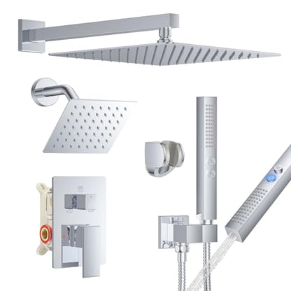 Rain Shower System 12" & 6" Dual Shower Heads, Wall Mount Shower Faucet Set | Ideal for bathroom remodels and upgrades with 12" rain shower, 6" angled shower, handheld spray and complete valve kit. - color: Polished Chrome, size: Wall Mounted - 12"+6" Sho