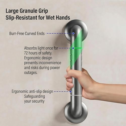 Shower Grab Bar Stainless Steel Anti-Slip Glow-in-the-Dark for Seniors | Two sizes 16/24 inch optional,330lbs load bearing,warm grip,scratch resistant,wall mounted with full install kits
