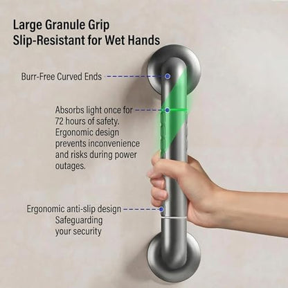 Shower Grab Bar Stainless Steel Anti-Slip Glow-in-the-Dark for Seniors | Two sizes 16/24 inch optional,330lbs load bearing,warm grip,scratch resistant,wall mounted with full install kits
