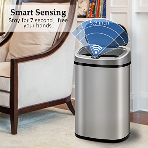 13 Gallon Trash Can Automatic Kitchen Garbage Can Easy-Clean 50L Stainless Steel Brushed Motion Sensor Waterproof with Lid for Bathroom Office (Sliver)
