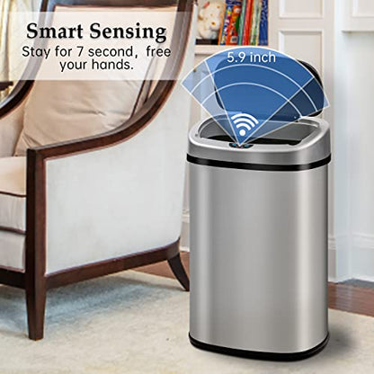 13 Gallon Trash Can Automatic Kitchen Garbage Can Easy-Clean 50L Stainless Steel Brushed Motion Sensor Waterproof with Lid for Bathroom Office (Sliver)