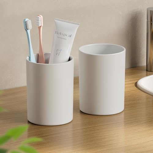 Toothbrush Cup 2PK, Non-Slip Plastic Bathroom Tumbler 13.75oz, Grey | Easy to clean 390ml plastic bathroom tumblers with non-slip pad. Durable, reusable toothbrush cups for home and travel - color: Grey, size: 2PCS