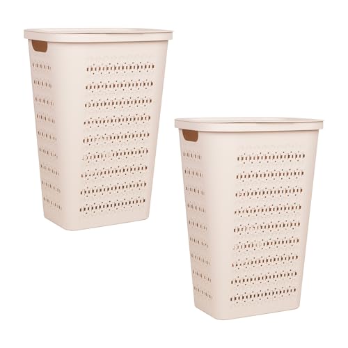 Mind Reader Slim Tapered Laundry Hampers with Lid, Clothes Basket with Swiss Cross Cut-Outs, Lightweight & Ventilated, Plastic, Set of 2, Ivory - color: Ivory