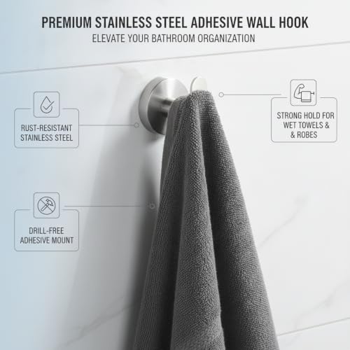 Wall Hook Stainless Steel Adhesive Mount for Bathroom Tile and Glass, Drill-Free Holder for Wet Towels and Robes (1 Piece) - size: 1.93 x 1.97 x 1.61 in