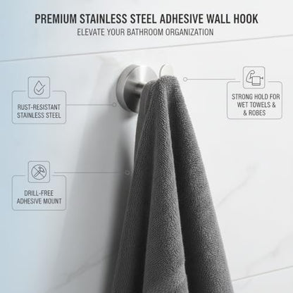 Wall Hook Stainless Steel Adhesive Mount for Bathroom Tile and Glass, Drill-Free Holder for Wet Towels and Robes (1 Piece) - size: 1.93 x 1.97 x 1.61 in