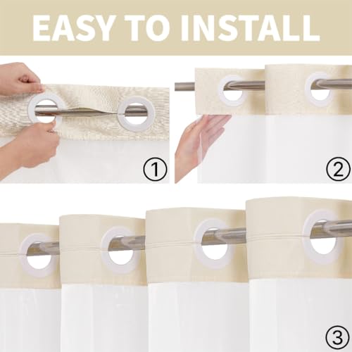 No Hooks Cream Boho Faux Linen Shower Curtain with Snap-in Liner Set, Textured Hotel Luxury Bathroom Curtain with See Through Top Window, Waterproof & Washable, 72x72 inches - color: Cream, size: 72"W x 72"L (Pack of 1), style: No Hooks