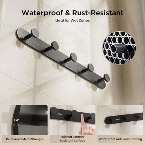 JOMOO 2 Pack Adhesive Wall Hooks for Bathroom, Aluminum Towel Hooks with 5 Hooks Each, No Drill Shower Hooks Heavy Duty 11LBS, Matte Black Robe Hook Rack
