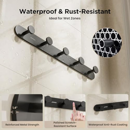 JOMOO 2 Pack Adhesive Wall Hooks for Bathroom, Aluminum Towel Hooks with 5 Hooks Each, No Drill Shower Hooks Heavy Duty 11LBS, Matte Black Robe Hook Rack