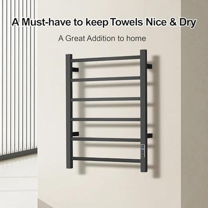 Electric Heated Towel Warmer - Wall Mounted Bathroom Towel Rack, Plug-in Design & Brushed Stainless Steel Black with Timer & Temperature Control 6 Bar - color: Square Black With Timer, size: 6 Bar
