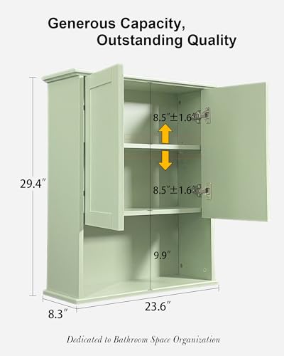 Bathroom Cabinet Wall Mount Buffering Hinge,23"x29" inch Over Toilet Storage Cabinet and Adjustable Shelves, Large Space Wooden Medicine Cabinet (Light Green) - color: Light Green, size: 23x29
