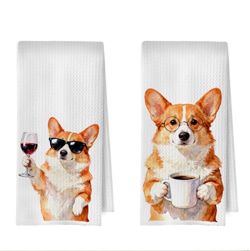 Funny Corgi Kitchen Towels - Funny Corgi Dog Decorative Waffle Dish Towels, Coffee Wine Bar Hand Towel for Home Bar, Dogs Tea Towel for Dog Lovers, 16x24 Inch Set of 2 - color: Corgi