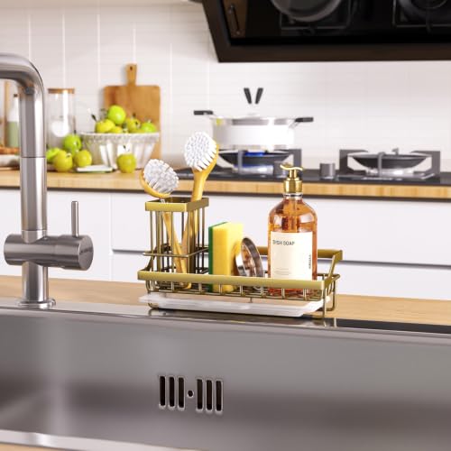 Consumest Sponge Holder for Kitchen Sink - Sink Caddy with Dish Brush Holder, Stainless Steel Kitchen Organizer with Drip Tray for Countertop, Darker Gold - color: Darker Gold