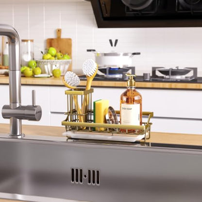 Consumest Sponge Holder for Kitchen Sink - Sink Caddy with Dish Brush Holder, Stainless Steel Kitchen Organizer with Drip Tray for Countertop, Darker Gold - color: Darker Gold