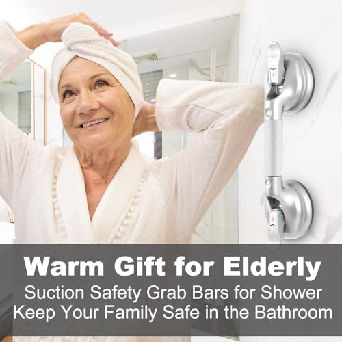 15-Inch Shower Handle - Upgraded Grab Bar with Strong Suction Cups for Bathtub & Shower Safety, Ideal for Seniors, Elderly, Disabled -Silver