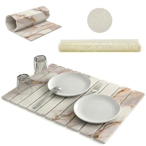 Large Stone Dish Drying Mat for Kitchen Counter 24"(L)×16"(W) – in Super Absorbent Diatomaceous Earth Drying Stone, Quick-Dry & Collapsible for Dishes, Bottles & Cups (White & Gold) - color: White & Gold