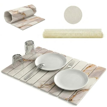 Large Stone Dish Drying Mat for Kitchen Counter 24"(L)×16"(W) – in Super Absorbent Diatomaceous Earth Drying Stone, Quick-Dry & Collapsible for Dishes, Bottles & Cups (White & Gold) - color: White & Gold