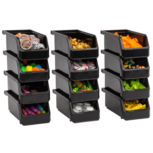 Small Stackable Plastic Storage Bins, 12-Pack, Black | Open-Front Stackable Bins For Garage, Pantry, Closet & Office, 7"L X 4"W X 3"H, Nests When Empty, Durable Plastic, - color: Black, size: Small, 12-Pack